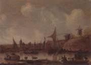 A River landscape with ferries and other shipping,a church beyond, unknow artist
